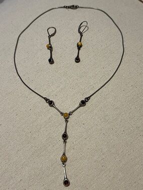 Dark and light Amber/Sterling necklace and earrings